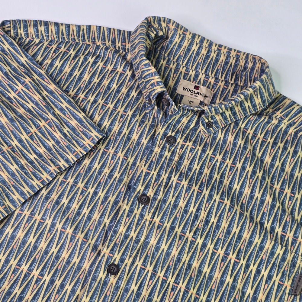 Woolrich Mens XL Twilight Kayaks Print Blue Yellow Cotton Short Sleeve Shirt